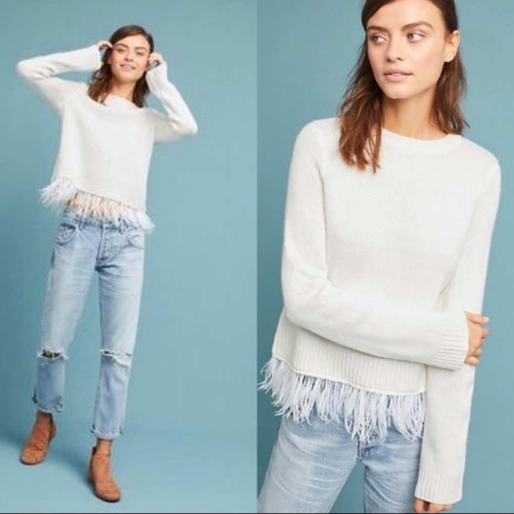 Anthropologie White Feather Hem Crewneck Sweater